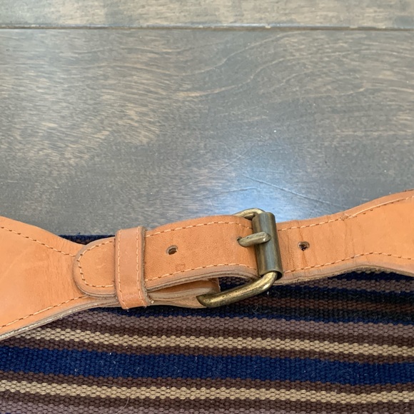 Canvas, leather and brass buckle belt. Multi colored stripped canvas 29”length. - Picture 2 of 4